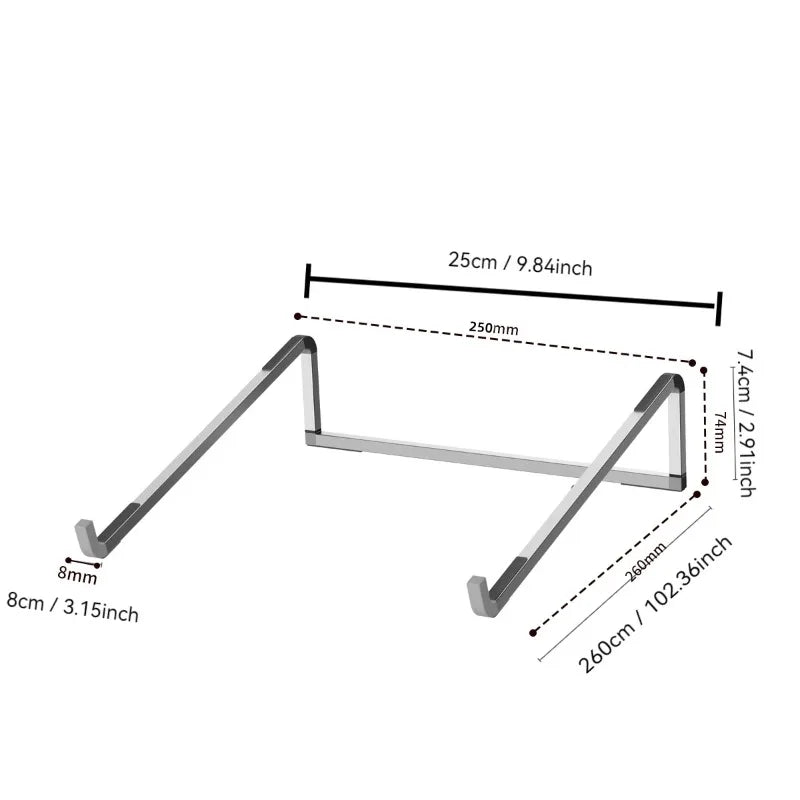 Detailed measurement diagram and size details of portable laptop stand