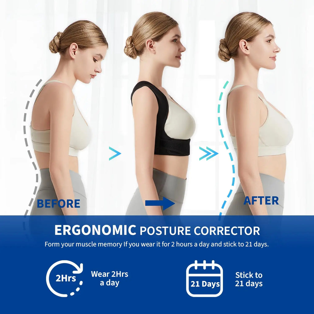 posture corrector for back support before and after side profile showing noticeable posture improvement