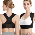 posture corrector for back support worn by woman showing front and back view of adjustable shoulder brace