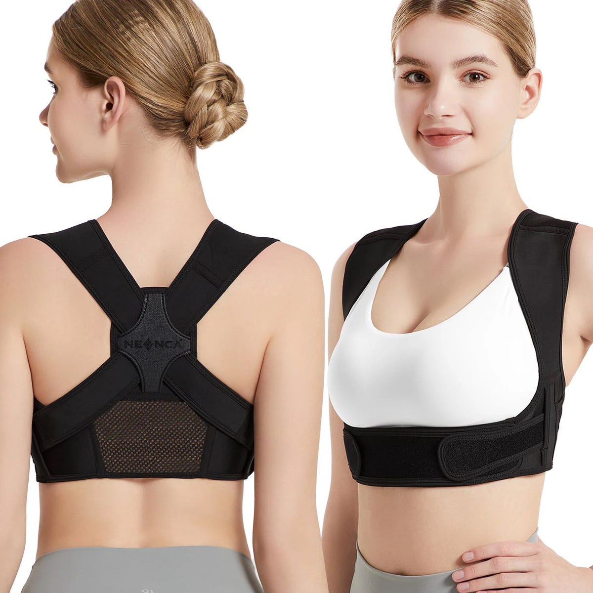 posture corrector for back support worn by woman showing front and back view of adjustable shoulder brace Main image