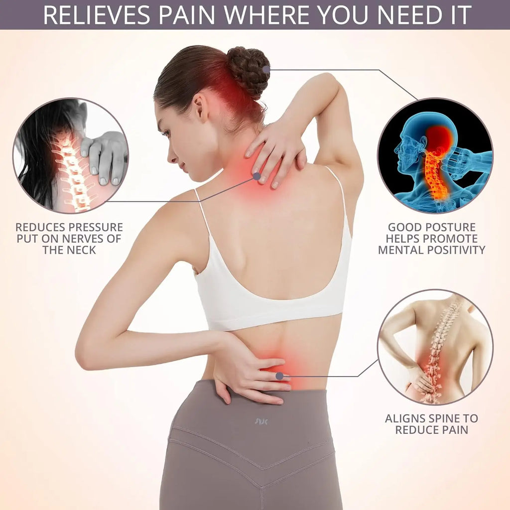 posture corrector for back support highlighting neck shoulder and spine pain relief zones