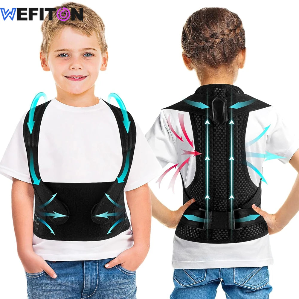 posture corrector for kids worn by boy showing comfortable shoulder straps and back brace support