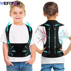 posture corrector for kids worn by boy showing comfortable shoulder straps and back brace support