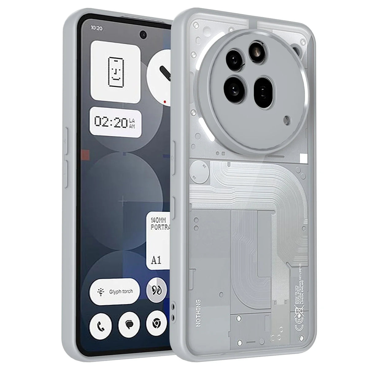 A transparent protective phone case shown on a smartphone, with the case outline visible around the phone and the back of the phone exposed to show the camera module and internal panel details. The phone screen is on with home interface widgets visible.