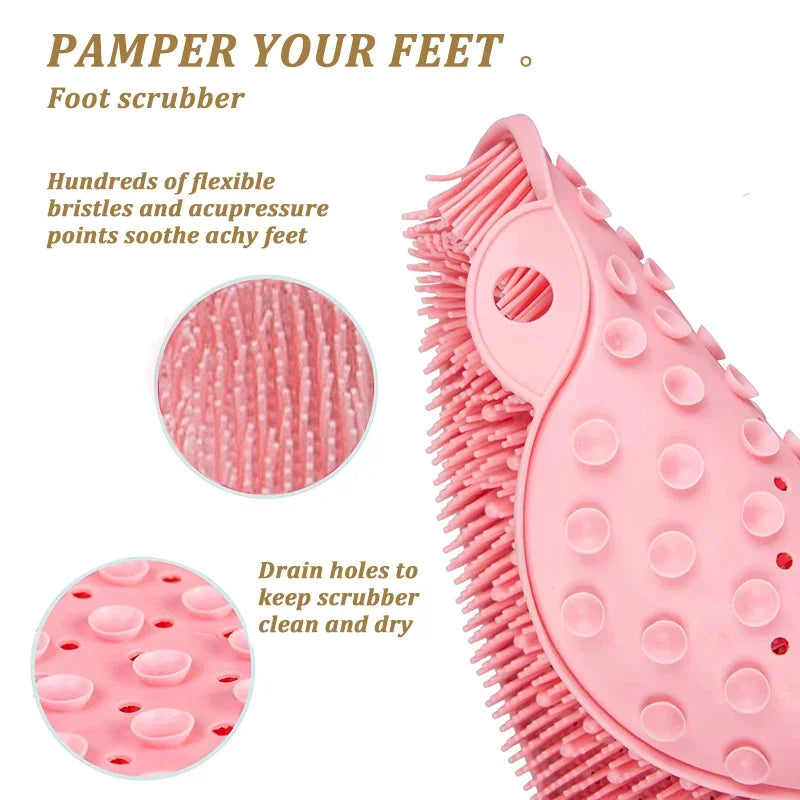 silicone foot scrubber featuring soft cleaning bristles and strong suction cups for bath floors