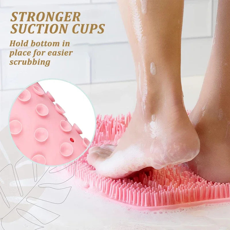 using silicone foot scrubber in the shower to wash feet and remove dead skin without bending