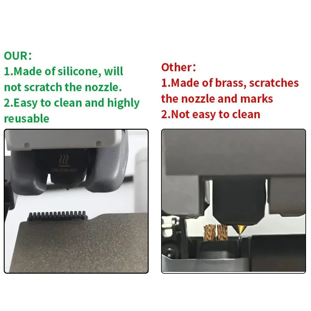 silicone nozzle cleaner brush positioned beside hotend for clean filament purging and maintenance