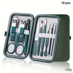 stainless steel manicure set 18 piece large grooming kit inside green leather case for hand and foot care