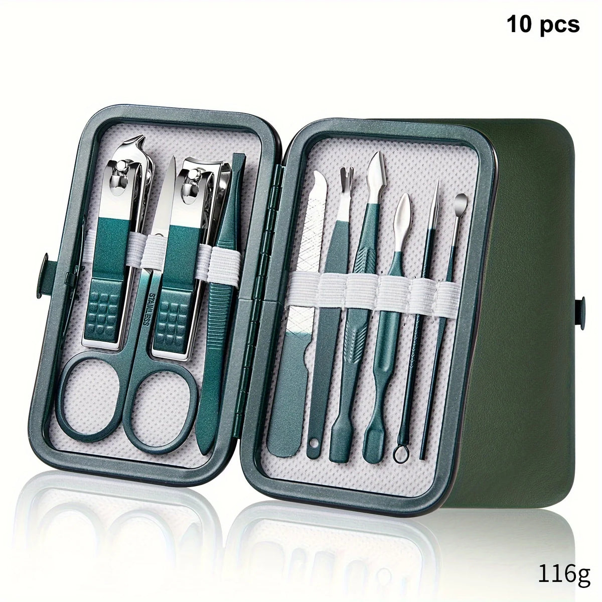 stainless steel manicure set 18 piece large grooming kit inside green leather case for hand and foot care