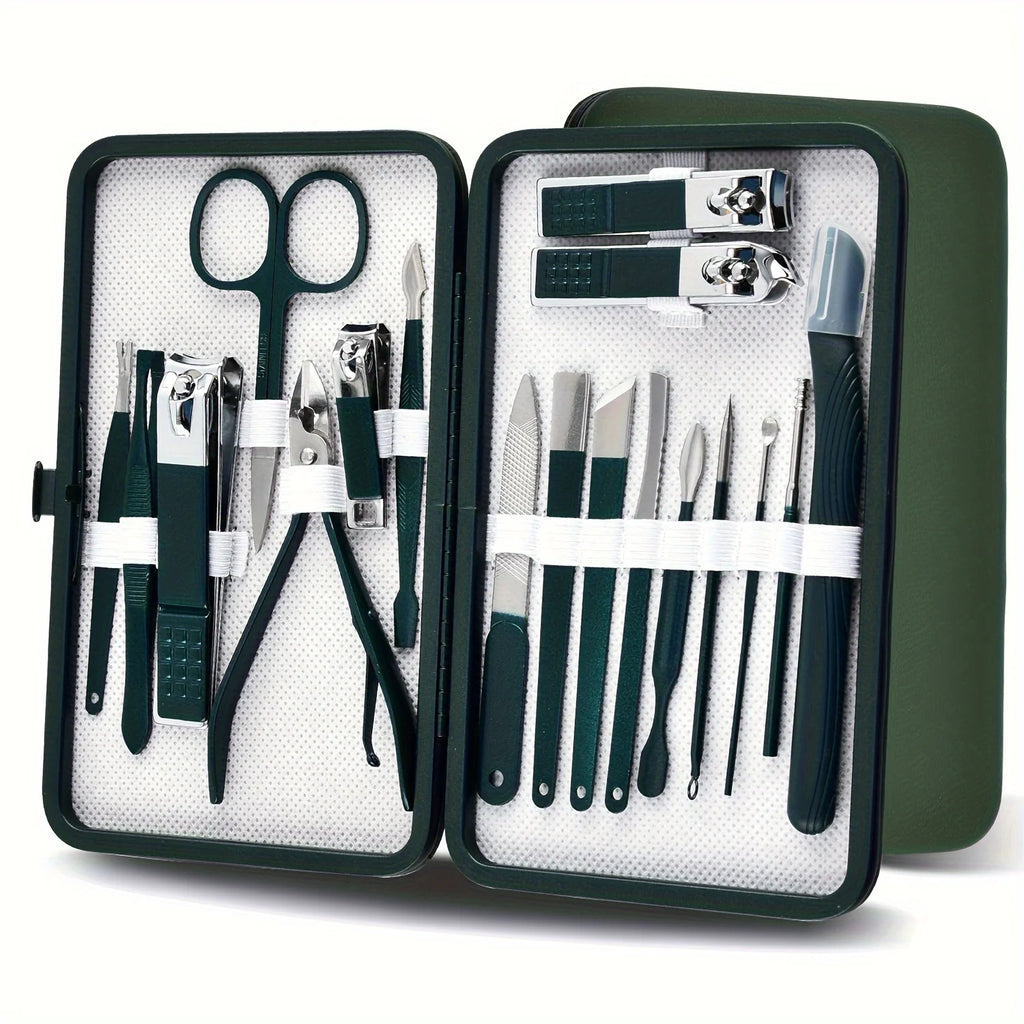 stainless steel manicure set in black travel case showing nail clippers and grooming tools arranged neatly