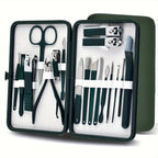 stainless steel manicure set in black travel case showing nail clippers and grooming tools arranged neatly