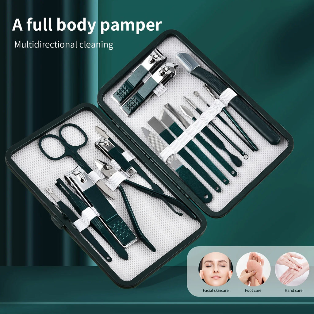 stainless steel manicure set full kit displayed in open leather case for nail care and pedicure grooming