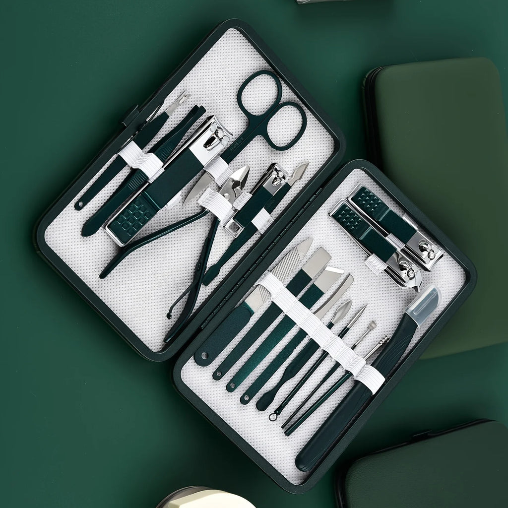 stainless steel manicure set inside dark green leather pouch for professional nail trimming at home