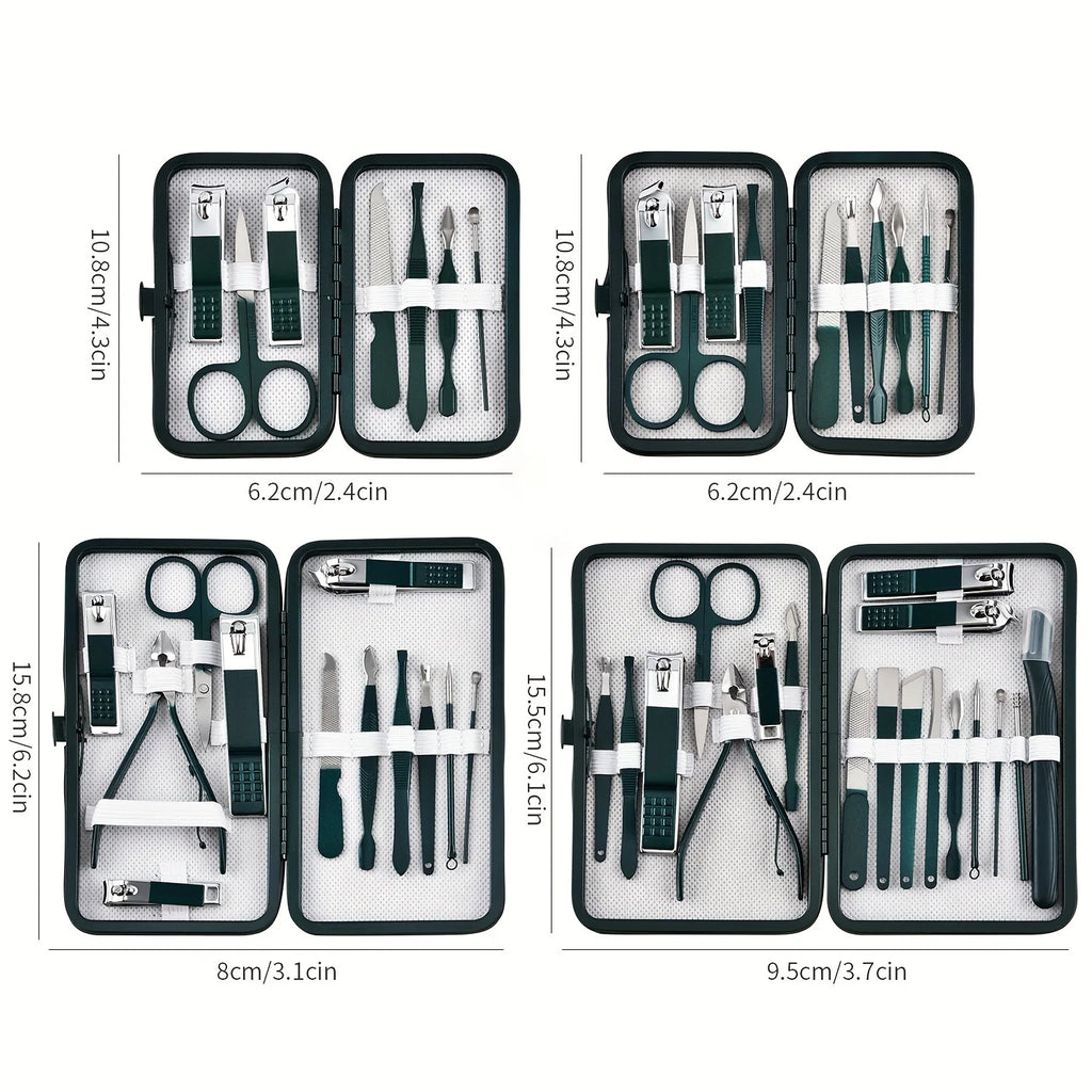 stainless steel manicure set tool diagram showing nail clippers cuticle scissors and tweezers lineup