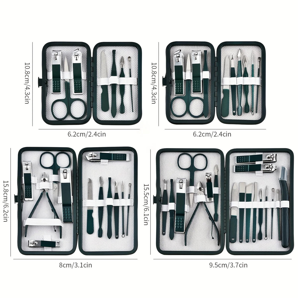 stainless steel manicure set tool diagram showing nail clippers cuticle scissors and tweezers lineup