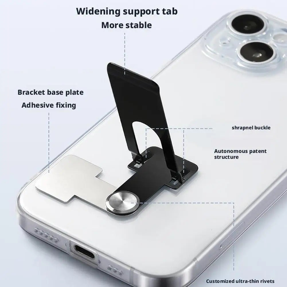 Stainless Steel Phone Kickstand attached to case back for a sleek desk setup