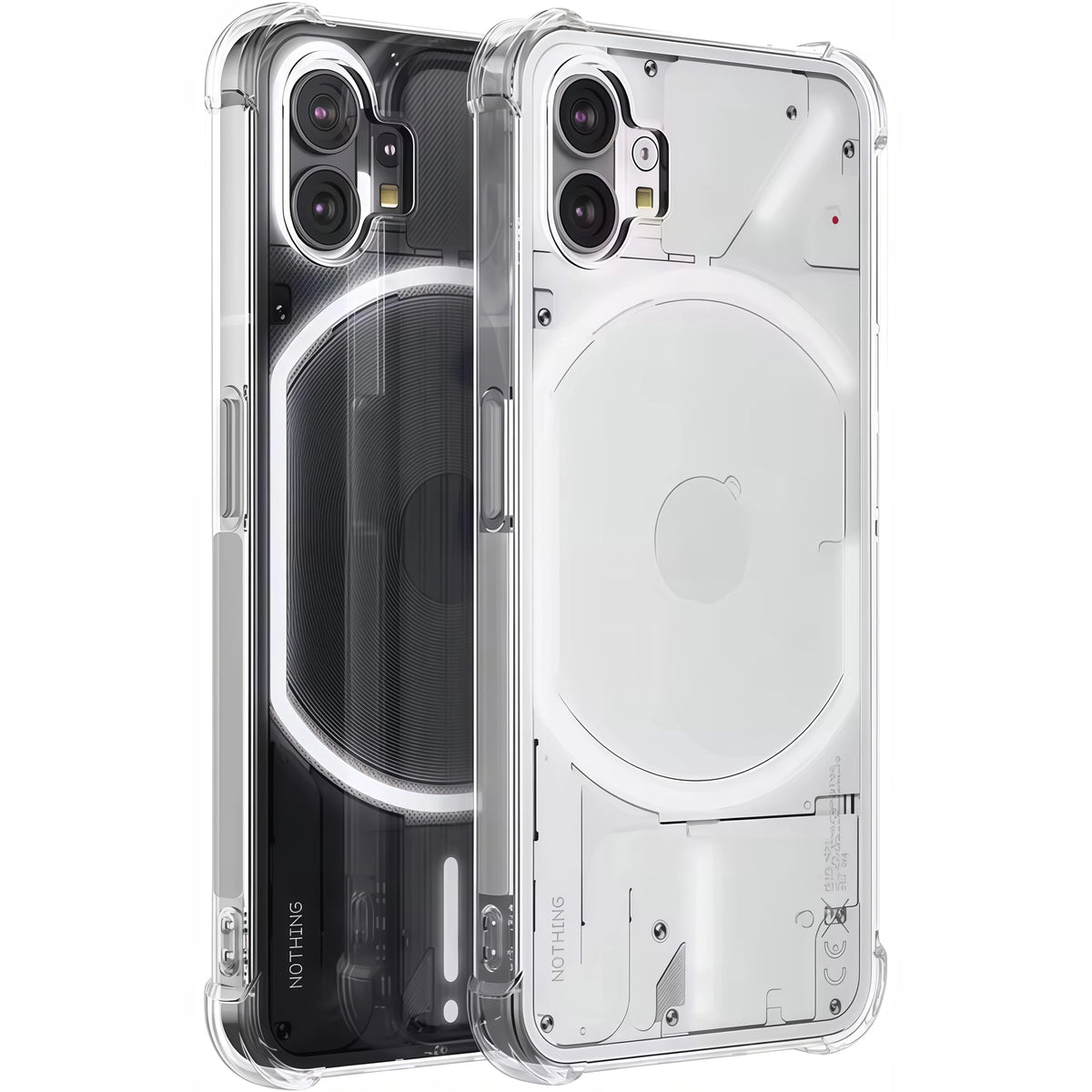 A clear protective phone case shown from the back on a white background, with two views: one showing a black phone inside and one showing the transparent case empty. The case has a circular magnetic ring design and precise cutouts for the camera and buttons.
