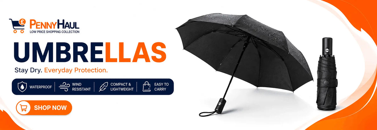 Penny Haul umbrella promotional banner showing an open black umbrella and a closed black umbrella on a white background with orange and blue graphic elements and text.