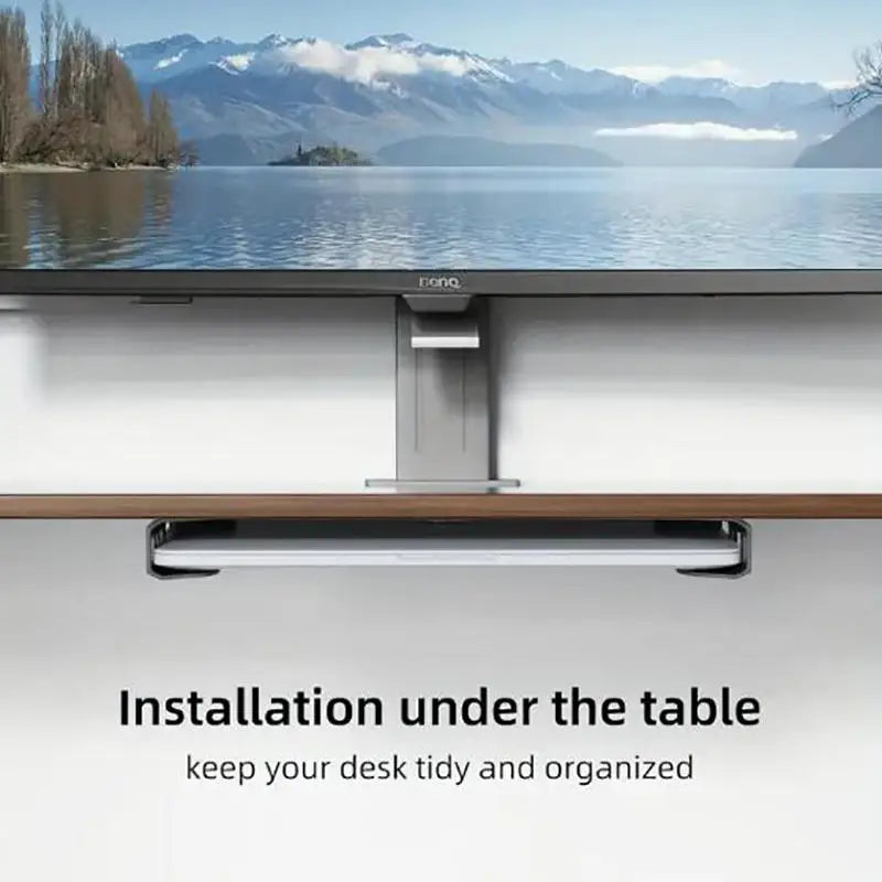 Under-desk laptop mount set with heavy-duty brackets and mounting screws for easy home office installation.