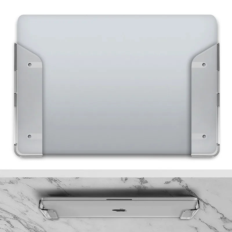 Under-desk laptop mount side profile showing dual installation view for sleek desk organization.