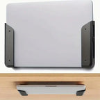 Under-desk laptop stand multi-angle setup showing space-saving storage under office desk.