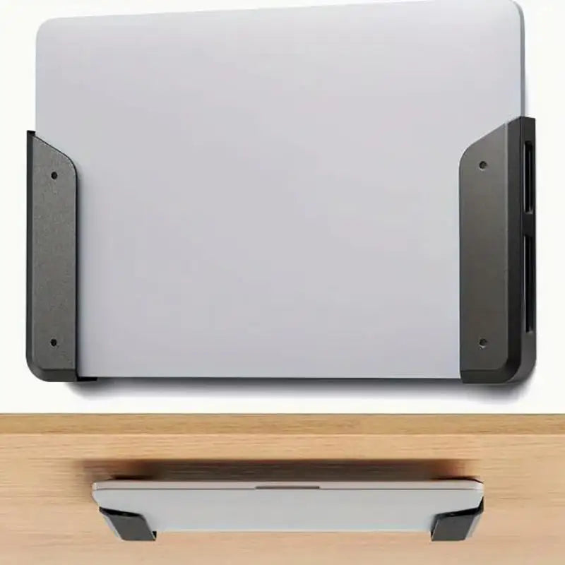 Under-desk laptop stand multi-angle setup showing space-saving storage under office desk.