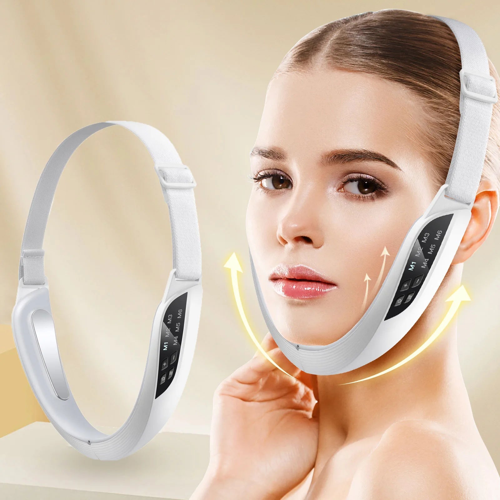 v face lifting device worn by woman for double chin removal and jawline contouring beauty massager Main image