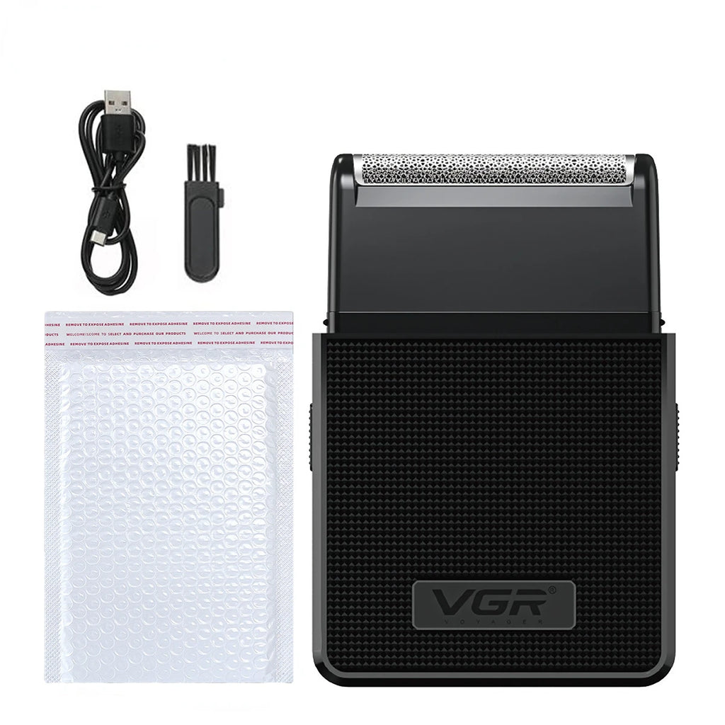 vgr rechargeable beard trimmer in black color shown with white travel pouch and charging cord