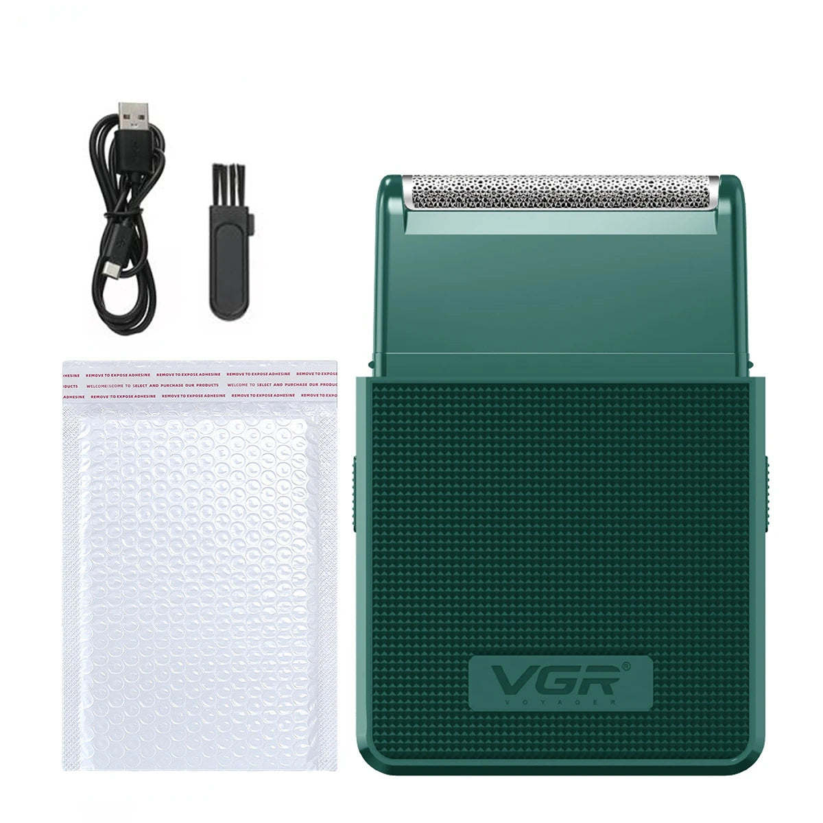 vgr rechargeable beard trimmer in green color shown with white storage pouch and usb cable