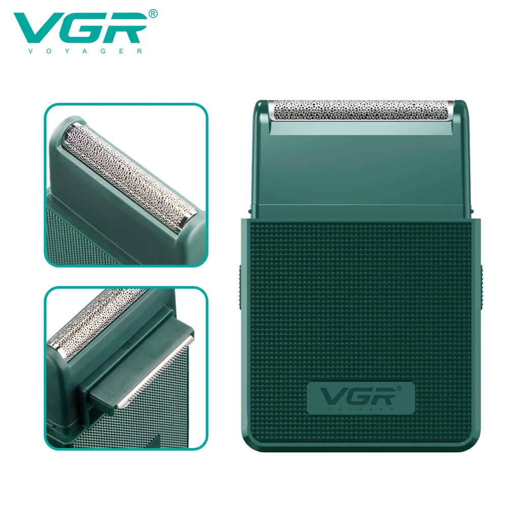vgr rechargeable beard trimmer feature diagram showing foil blade switch and pop up trimmer