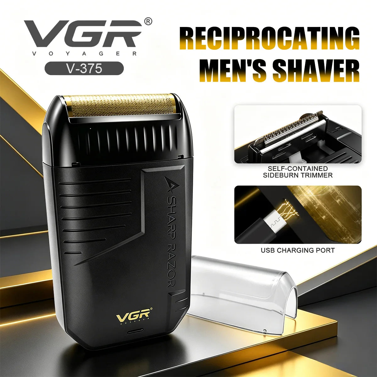 vgr rechargeable beard trimmer and reciprocating shaver for men showing sleek compact design