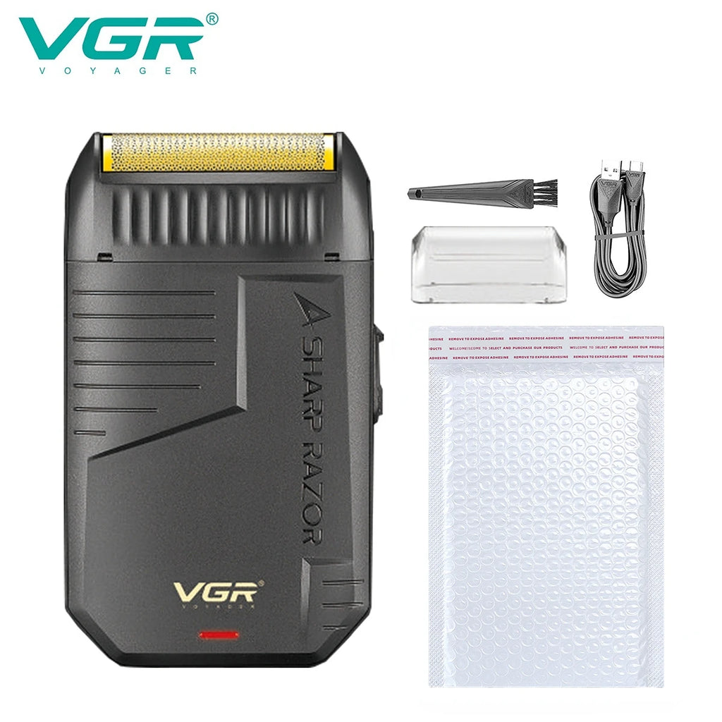 vgr rechargeable beard trimmer in black gold finish standing upright for mens facial shaver care