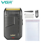 vgr rechargeable beard trimmer in black gold finish standing upright for mens facial shaver care