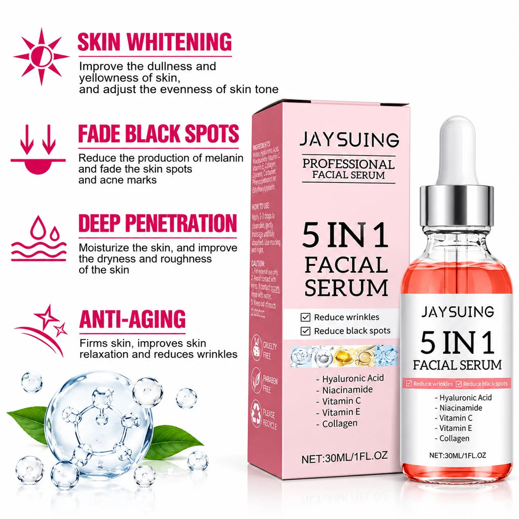 Jaysuing Professional Facial Serum 5-in-1 set with a pink box and dropper bottle, surrounded by promotional text and graphic elements for skin whitening, fading black spots, deep penetration, and anti-aging benefits.