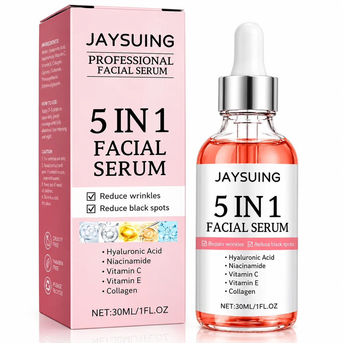 vitamin c and hyaluronic acid serum dropper bottle with pink packaging box for daily facial skincare Main image