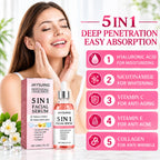 vitamin c and hyaluronic acid serum 5-in-1 formula chart showing collagen and niacinamide benefits