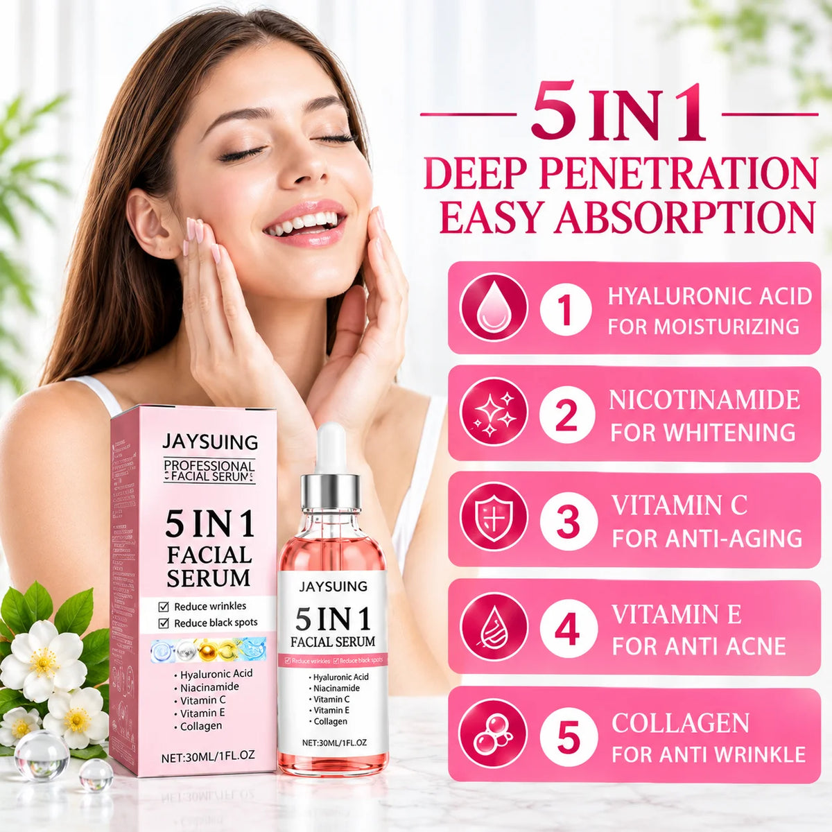 vitamin c and hyaluronic acid serum 5-in-1 formula chart showing collagen and niacinamide benefits