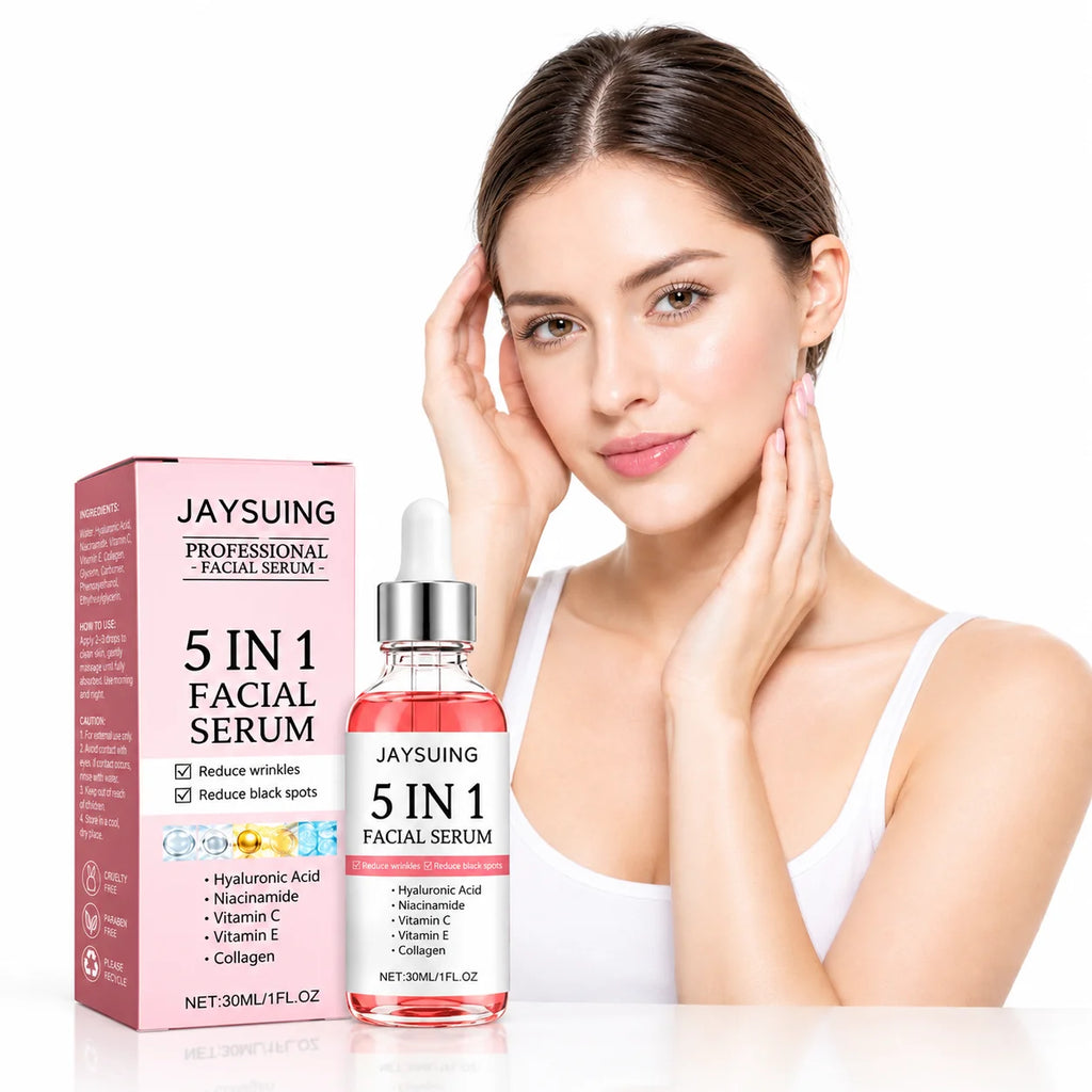 woman with glowing skin smiling beside vitamin c and hyaluronic acid serum bottle for firming skincare