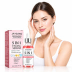 woman with glowing skin smiling beside vitamin c and hyaluronic acid serum bottle for firming skincare