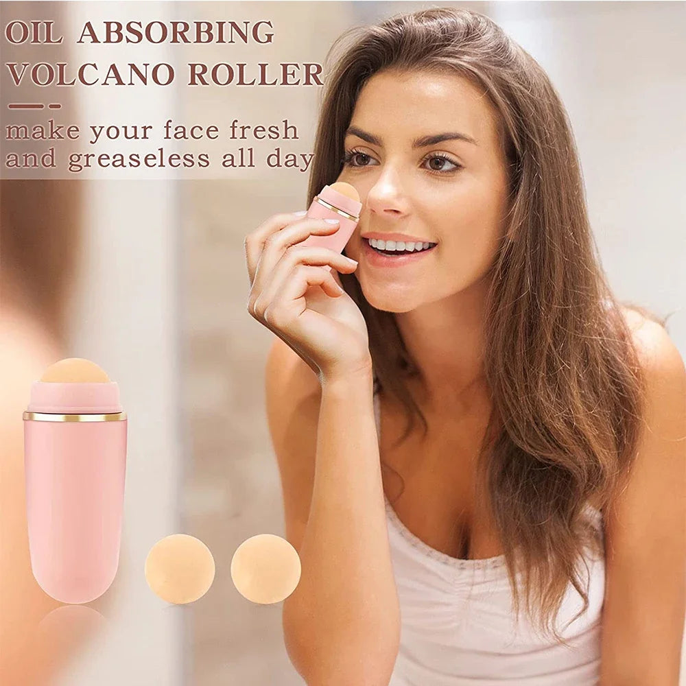 volcanic stone oil absorbing roller used on face for instant shine control and matte finish skincare Main image