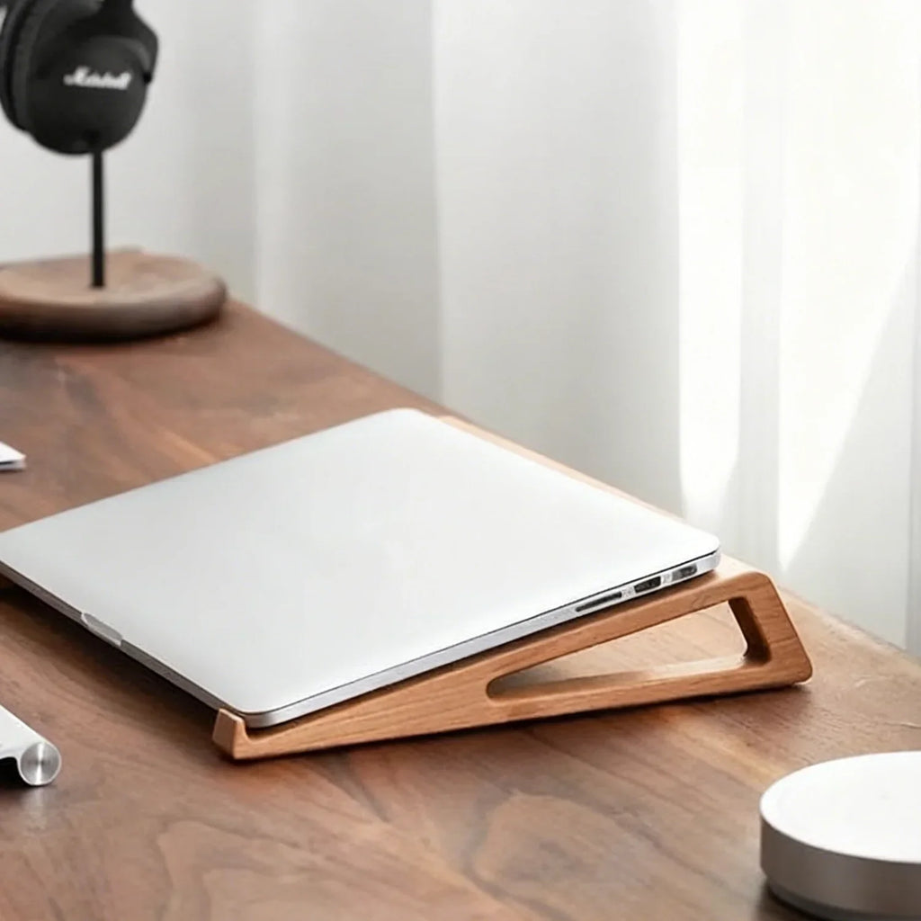 Wooden Laptop Stand angled side view showing elevated position for optimal cooling airflow
