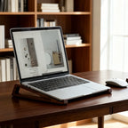Wooden Laptop Stand front desk view supporting a laptop for better posture during work