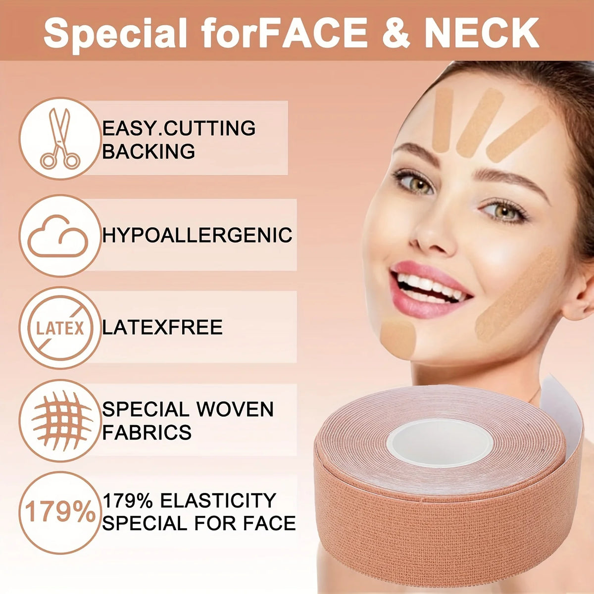 wrinkle removal tape diagram showing application zones on forehead neck and chin for smoothing fine lines