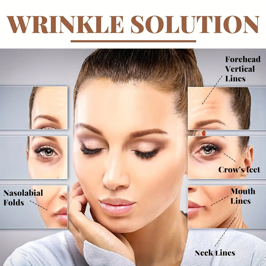 wrinkle removal tape worn on forehead and face by model for smoothing fine lines and anti aging lift
